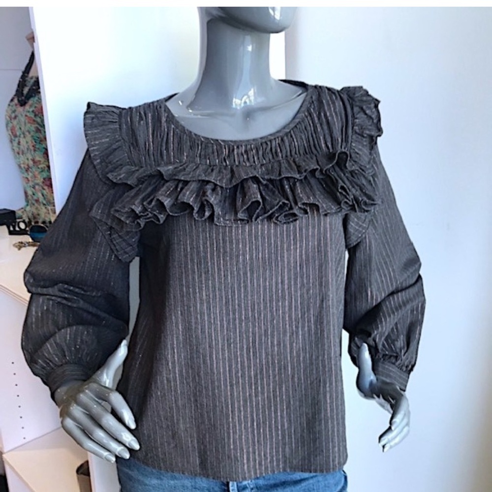 LA VIE by Rebecca Taylor Metallic Stripe Cotton Top w. Ruffled Yoke NWOT/sz: S